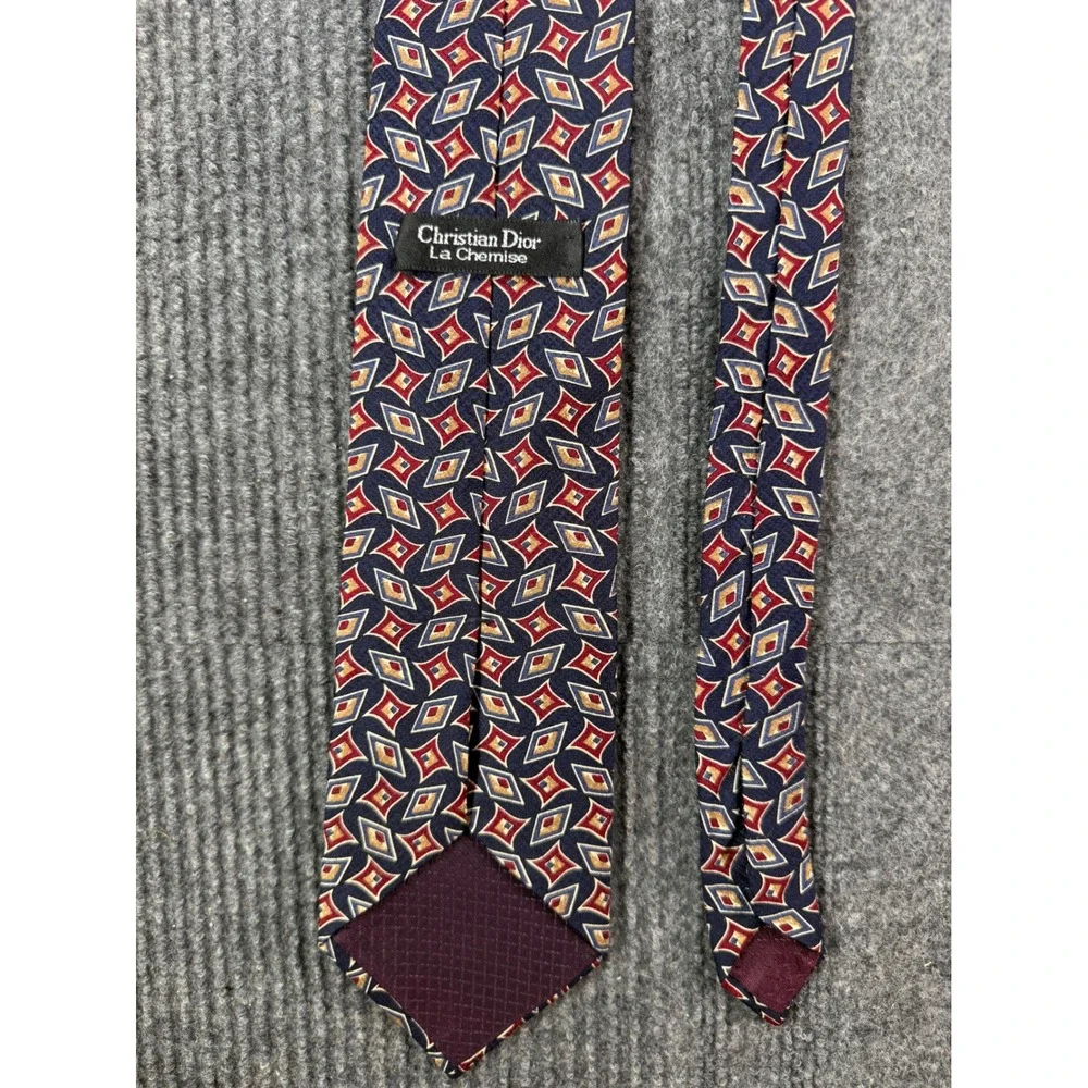 Christian Dior La Chemise Mens Silk Tie Navy Blue Red Gold Geometric Diamond